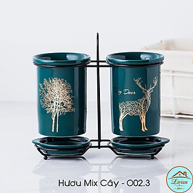 Mua Ống đựng đũa sứ 2 lọ xanh cổ vịt họa tiết hươu voi sứa hàng xuất Nhật