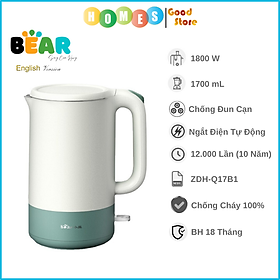 Ấm Đun Siêu Tốc Siêu Nhanh 2 Phút Sôi 3 Lớp Bảo Vệ BEAR ZDH-Q17B1 1.7L Công Suất 1800W Bản Quốc Tế - Hàng Chính Hãng