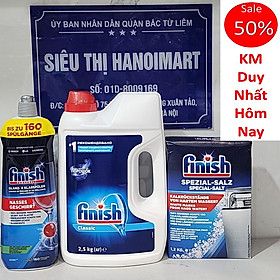 Bộ 3 sản phẩm Bột rửa bát finish 2.5kg + nước bóng 1150ml + Muối rửa chén finish 1.5kg cho Máy rửa bát chén cốc ly