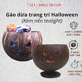 Mua Giỏ đựng kẹo   đựng nến bằng gáo dừa Smile Decor hình bí ngô trang trí Halloween (kèm nến) - Pumpkin Halloween lantern