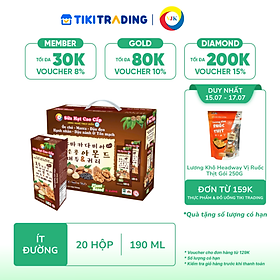 [15-17.07 QT Đơn 159K]Sữa hạt cao cấp Óc chó-Macca-Đậu đen-Hạnh nhân-Đậu nành & Yến mạch ít đường 190ml (20 hộp/xách)