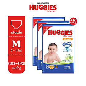 [TẶNG THÊM MIẾNG CHO SIZE L/XL/XXL] Combo 3 gói Tã quần Huggies Skincare Mega Jumbo M106/L96/XL84/XXL76