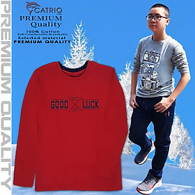 ÁO PHÔNG DÀI TAY BÉ TRAI CATRIO hình GOODLUCK, màu ĐỎ là áo thun cotton dài tay trẻ em từ 9 tuổi 10 tuổi .. 18 tuổi (30kg ... đến 70kg) vải 100% cotton kết hợp với quần bò thành bộ đồ mùa đông đẹp