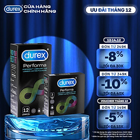 Bộ bao cao su Durex Performa kéo dài thời gian size 52mm, 1 hộp 12 bao và 1 hộp 3 bao