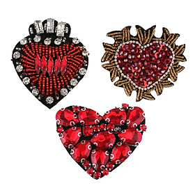 3 Pieces Heart Beaded Rhinestones Patches Sew on Patch Embroidered Patch Applique Decoration