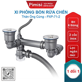 Bộ xi phông chậu rửa bát 2 hố phi 110 inox 304 Pimisi dùng để xả nước chậu rửa chén 2 hộc - có đầu thoát tràn | Hàng chính hãng