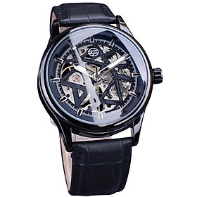 Đồng hồ đeo tay thời trang Forsining Hollow Skeleton Nam,dây đeo tay bằng da PU sang trọng-Màu đen