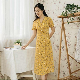 Đầm Hoa Vàng Dáng Maxi Xoè Dài Cột Eo Fee Size