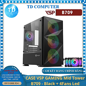 Hình ảnh Vỏ máy tính Case VSP B709 [ĐEN] sẵn 4 Fan LED ~ Gaming kính cường lực (M-ATX/ITX) - Hàng chính hãng TECH VISION phân phối