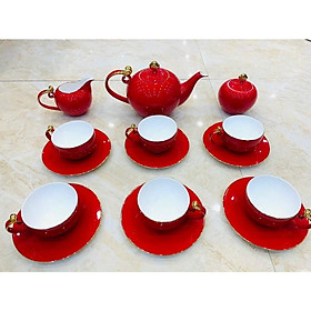 Mua BỘ ẤM CHÉN PHA TRÀ SỨ XƯƠNG CAO CẤP KÈM 6 ĐĨA  2 TỐNG ĐƯỜNG SỮA MÀU ĐỎ