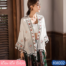 Áo khoác kimono voan ngắn đi biển, viền thổ cẩm mix họa tiết xinh | KM006