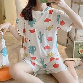 Combo bộ cotton nữ quần đùi bộ rời quần áo họa tiết xinh xắn kèm túi vải mềm thoáng P05 hình xương rồng