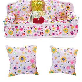 Fashion Hotsales Mini Dollhouse Furniture Flower Soft Sofa Couch With 2 Cushions For Doll House Accessories