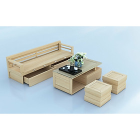 Bộ bàn ghế sofa giường mặt liền gỗ sồi 4 món