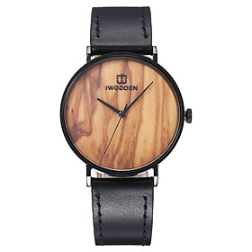 Đồng hồ IWOODEN Unisex với dây da bằng đá cẩm thạch Mặt số phong cách 3ATM-Màu Dây đeo màu đen & mặt số bằng gỗ màu nâu nhạt