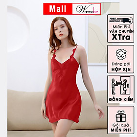 Đầm ngủ phi lụa cao cấp WANNABE DNS39 váy ngủ 2 dây đính ren vai, lưng khoét chữ V sâu viền ren khoe lưng quyến rũ