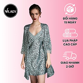 Set áo choàng kèm váy ngủ 2 dây gợi cảm VILADY - S109 kiểu tay dài phối ren bo gấu xinh Sexy chất liệu lụa Pháp (lụa latin) cao cấp