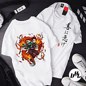 Áo thun trắng Anime, Manga Thanh g diệt quỷ Tanjiro cáo lửa, Unisex Nam Nữ có Size áo từ 25-95kg