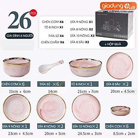 Mua Set đồ ăn gồm chén  bát  tô  đĩa  muỗng bằng sứ vân đá (trắng  hồng) cao cấp theo phong cách Bắc Âu - Kèm hộp quà