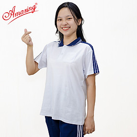 Áo thể dục cổ trụ 3 sọc vai bé gái, có 1 túi, hiệu Amazing, vải thun cotton mềm mại hút mồ hôi tốt