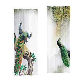 2Pcs Printed  Curtains Peacock Tulle Curtains Rod Pocket Window Curtain for Living Room