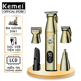 Tông đơ đa năng 5in1 Kemei KM-5859 chuyên cắt tóc, chấn viền, cạo râu, tỉa lông mũi, cạo lông sạc nhanh có đế sạc - Hàng chính hãng