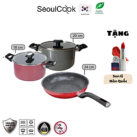 Mua Tặng son lì Hàn Quốc - Bộ nồi chảo đáy từ 3 món Easy Seoulcook chống dính vân đá cao cấp Hàn Quốc  dùng được tất cả các loại bếp / Induction  gồm 2 nồi 18-20cm  1 chảo 24cm