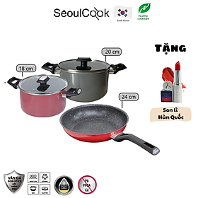 Tặng son lì Hàn Quốc - Bộ nồi chảo đáy từ 3 món Easy Seoulcook chống dính vân đá cao cấp Hàn Quốc, dùng được tất cả các loại bếp / Induction, gồm 2 nồi 18-20cm, 1 chảo 24cm