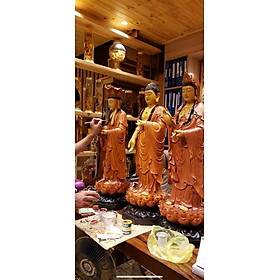 Bộ tượng phật tam thánh bằng gỗ hương đá tô làm mầu giả cổ kt cao 40×12×12cm