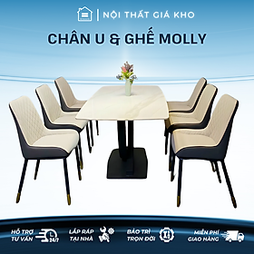 Bàn ăn mặt đá Ceramic bóng chân chữ U kết hợp ghế Molly, bàn ăn mặt đá 4 ghế 6 ghế 8 ghế
