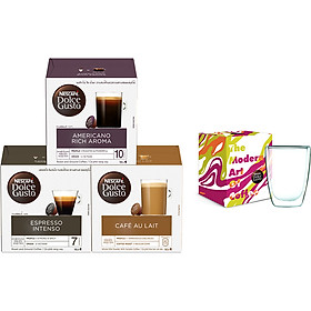 Combo 3 Hộp Cà Phê Viên Nén Nescafe Dolce Gusto Vị Espresso, Americano, Aulait Kèm 1 Ly Thủy Tinh 2 Lớp Cao Cấp