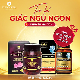 Bộ sản phẩm hỗ trợ giấc ngủ cho phụ nữ tuổi trung niên giúp cải thiện tình trạng đau đầu, mất ngủ, giúp ngủ ngon gồm: viên uống bổ não GO GINKGO 9000+ (60 viên) và viên uống nội tiết tố nữ HYPER EVENING PRIMROSE OIL (180 viên)