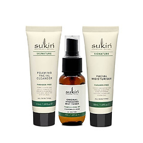 Bộ Dùng Thử 3 Bước Chăm Da Cơ Bản Sukin Signature Mini Chăm Sóc Da Mặt Sukin Sữa rửa mặt 50ml + Xịt Phun Sương Hoa Hồng 50ml + Kem Dưỡng Ẩm 50ml