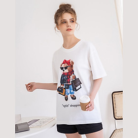 Hình ảnh Áo thun tay lỡ Hibi Sports unisex nam nữ kiểu phông, chữ Nghiện Shopping ST006, vải cotton Premium, form oversize