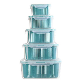 Set 5 Hộp Đa Năng Bảo Quản Thực Phẩm, Rau Quả Tươi Trong Tủ Lạnh Có Giá Thoát Nước Khô Ráo, Tay Cầm Chắc Chắn
