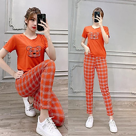 Đồ Bộ Cotton Phối Sọc- Áo thêu Logo Đáng Yêu- Sản Phẩm Y Hình