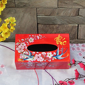 Mua HỘP ĐỰNG KHĂN GIẤY SƠN MÀI CAO CẤP - Hộp khăn giấy vẽ chim én cẩn ốc nền đỏ. Qùa tặng ý nghĩa cho người thân