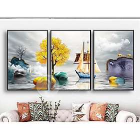 Tranh treo tường - Tranh trang trí nhà cửa - Tranh canvas - Tranh treo phòng khách bộ 3 tấm thuyền buồm xuôi gió