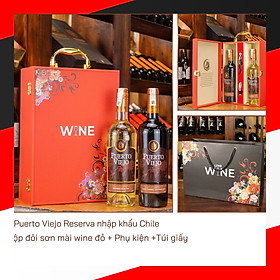 Hộp sơn mài wine đỏ 2 chai rượu vang Puerto Viejo Reserve Chile