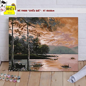 Mua (Loại Khung dày) Tranh sơn dầu số hóa mã VN009   Chiều quê   tranh phong cảnh Việt Nam size 40x50cm