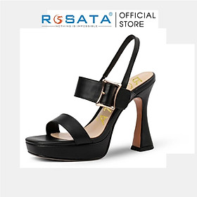Giày sandal nữ đế cao 9 phân mũi vuông xỏ ngón quai ngang khóa cài dây mảnh ROSATA RO581 ( Bảo Hành 12 Tháng ) - ĐEN