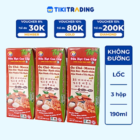 Lốc 3 hộp sữa hạt cao cấp Óc chó - Macca - Đậu Đen - Hạnh Nhân - Đậu Nành & Yến Mạch không thêm đường 190ml