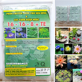 PHÂN CHUYÊN DÙNG CHO SEN; CÂY CẢNH NGẬP NƯỚC 16-16-8+TE khối lượng tịnh: gói 24 viên.