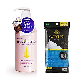 Combo 01 Khăn tắm tạo bọt Ohe Awayuki - Hàng nhập khẩu Nhật Bản + 01 chai Sữa tắm dưỡng ẩm, làm trắng da cao cấp Hàn Quốc Heavening