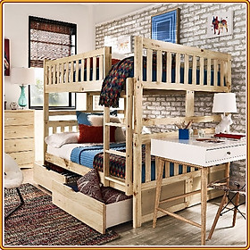 Mua Giường 2 tầng Tundo màu tự nhiên cầu thang treo kèm 2 hộc kéo 1m
