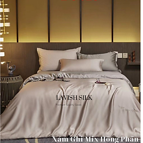 Trọn Bộ Ga Gối Lụa Kèm Chăn Sẵn Ruột + Tặng Bộ Quà Tặng Lavish Silk Cao Cấp -  Xám Ghi Mix Hồng Phấn