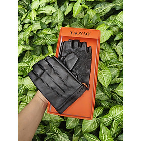 Găng tay nam hở ngón chống trơn BHYST55 Găng tay phượt lót lông, da cừu thật. thoái mái lái xe