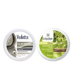 Bộ Đôi Mặt Nạ Vedette (Đất Sét Cocoa Sạch Sâu 145g, Ủ Tóc Olive Suôn Mượt 110g)