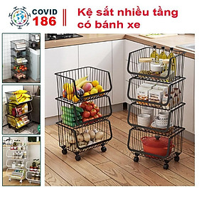 Kệ sắt nhiều tầng có bánh xe để đồ dùng nhà bếp, kệ đựng rau củ, hoa quả, trái cây, gia vị, đồ dùng nhà bếp