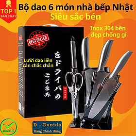 Bộ dao kéo Nhật inox 6 món đúc nguyên khối cao cấp sử dụng cho nhà bếp, kháng khuẩn tốt - tặng kèm bộ để dao thớt Chính hãng D Danido